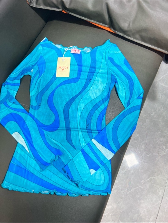 Emilio Pucci Tops - Emilio Pucci Blue & Turquoise Wave-Print Long Sleeve Tee